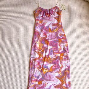No Comment pink orange marbled mesh midi dress, sz M